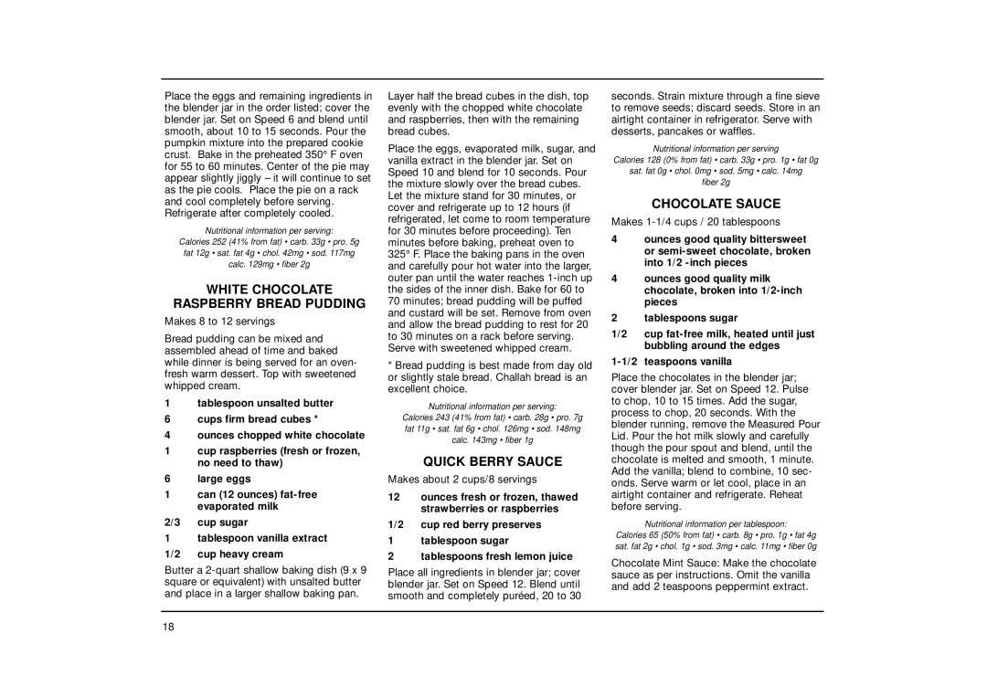 Cuisinart CB-18 Series manual White Chocolate Raspberry Bread Pudding, Quick Berry Sauce, Chocolate Sauce 