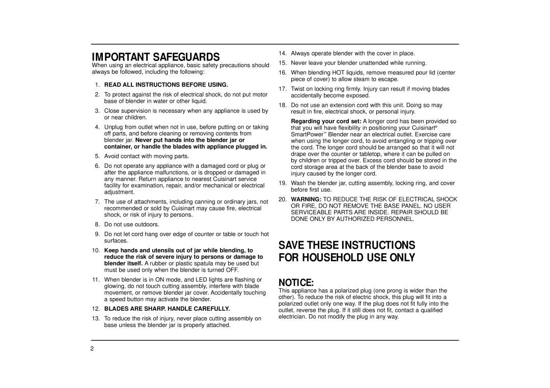 Cuisinart CB-18 Series manual Important Safeguards 