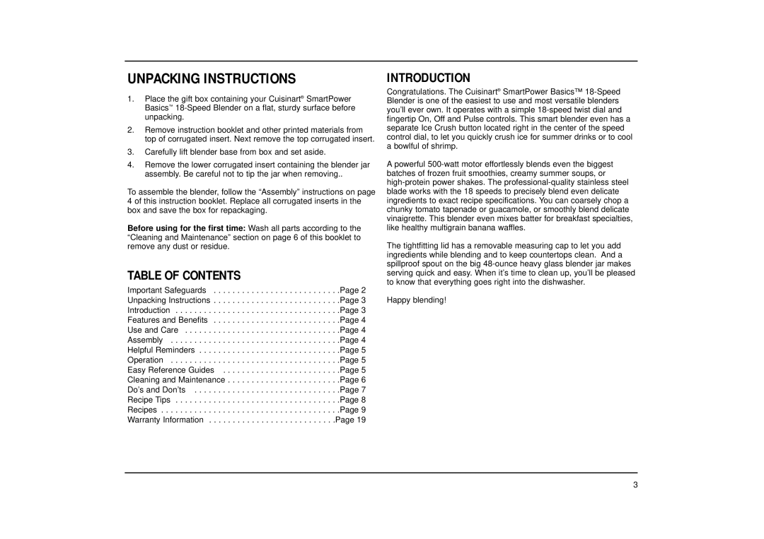 Cuisinart CB-18 Series manual Table of Contents, Introduction 