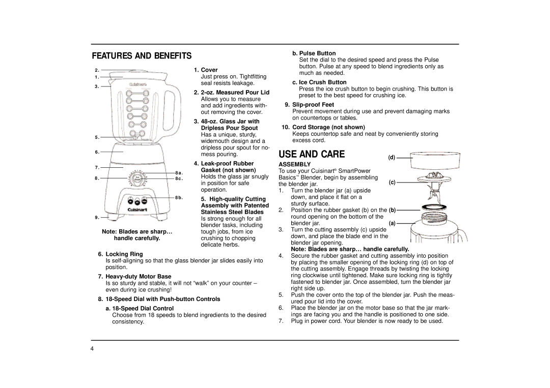 Cuisinart CB-18 Series manual Features and Benefits, Pulse Button 