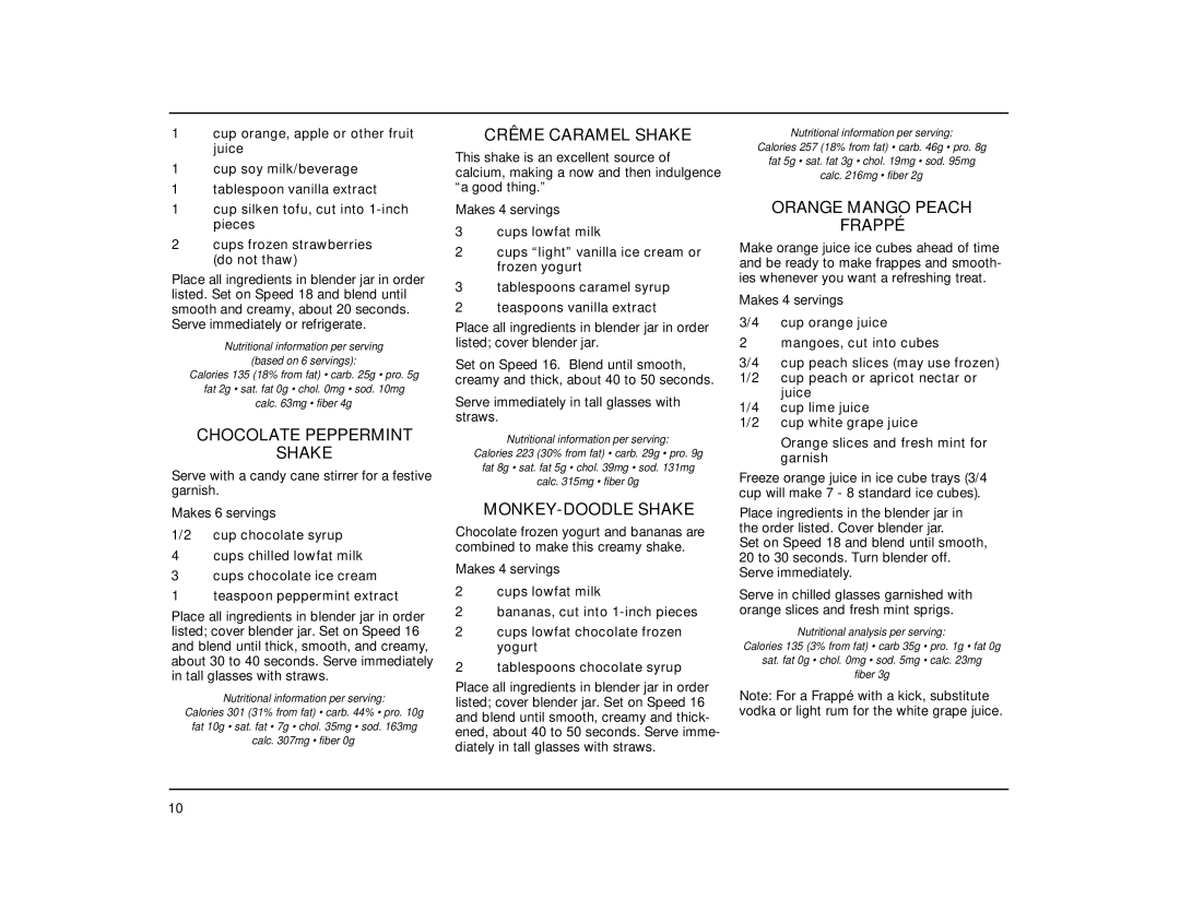 Cuisinart CB-18 manual Chocolate Peppermint Shake, Crême Caramel Shake, MONKEY-DOODLE Shake, Orange Mango Peach Frappé 