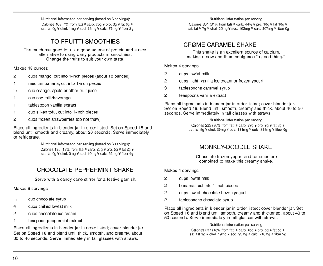 Cuisinart CB-18BKSS manual TO-FRUITTI Smoothies, Chocolate Peppermint Shake, Crème Caramel Shake, MONKEY-DOODLE Shake 