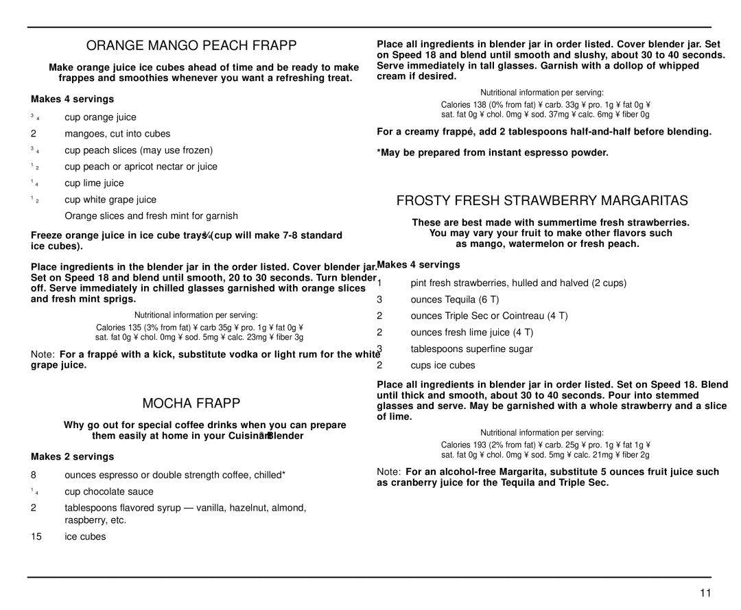 Cuisinart CB-18BKSS manual Orange Mango Peach Frappé, Mocha Frappé, Frosty Fresh Strawberry Margaritas 