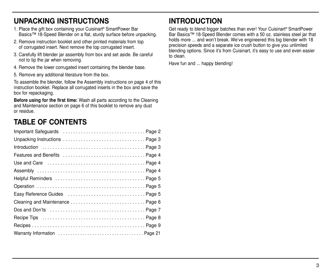 Cuisinart CB-18BKSS manual Unpacking Instructions, Table of Contents, Introduction 