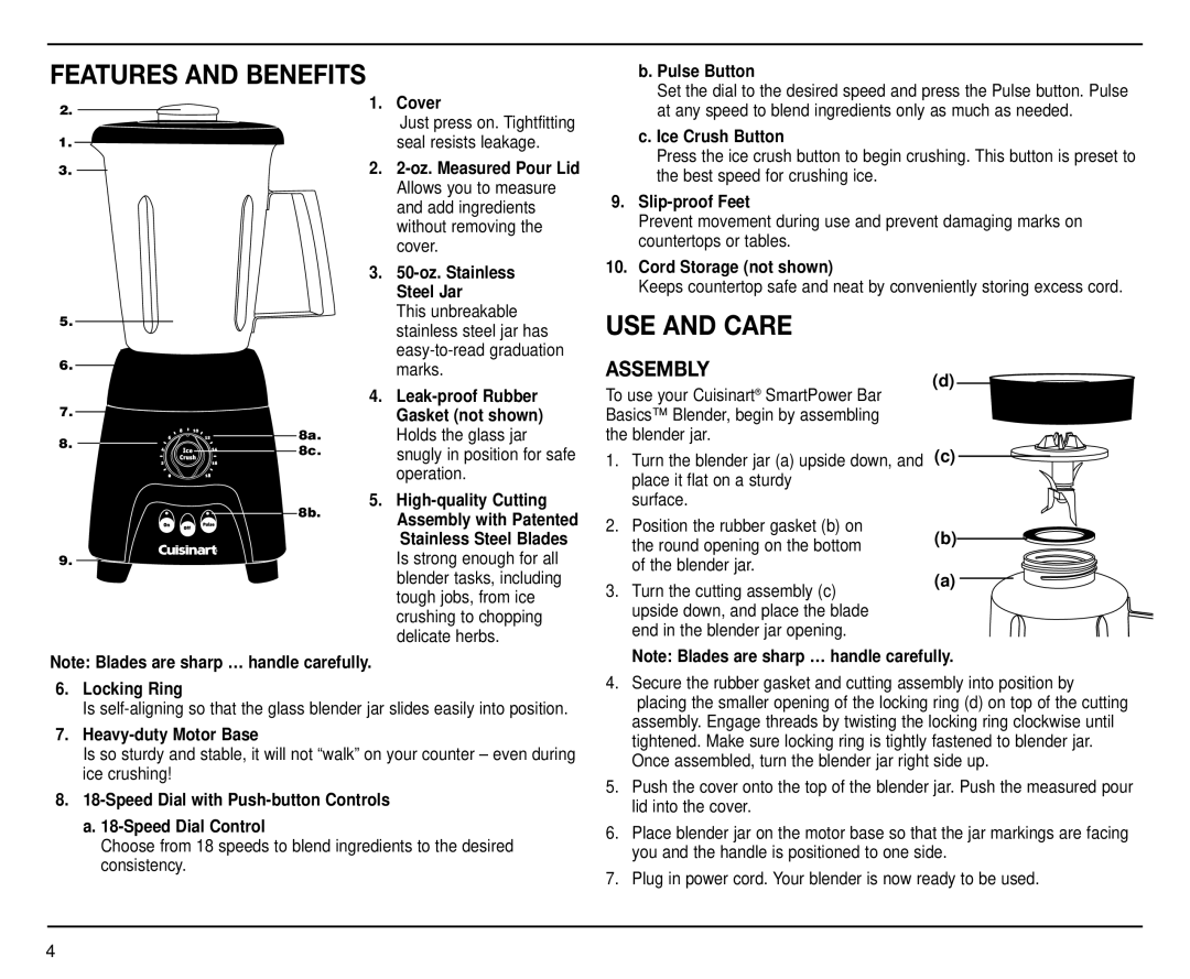 Cuisinart CB-18BKSS manual Features and Benefits, USE and Care, Assembly 