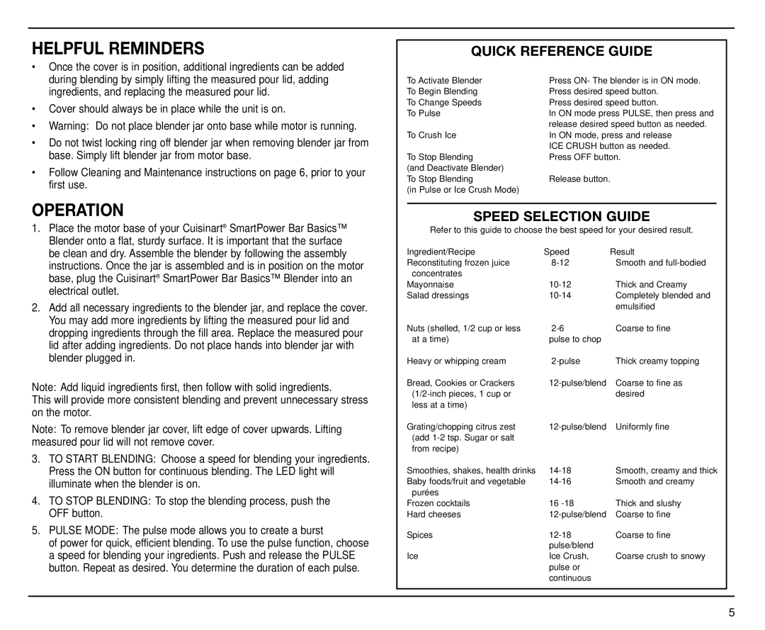 Cuisinart CB-18BKSS manual Helpful Reminders, Operation, Quick Reference Guide, Speed Selection Guide 