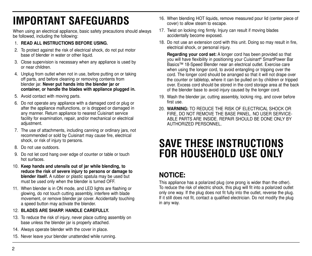 Cuisinart CB-18BKSS manual Important Safeguards, Save These Instructions For Household Use Only 