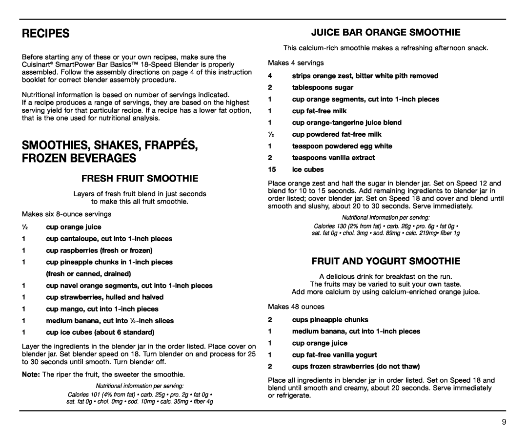 Cuisinart CB-18BKSS manual Recipes, Fresh Fruit Smoothie, Juice Bar Orange Smoothie, Fruit And Yogurt Smoothie 