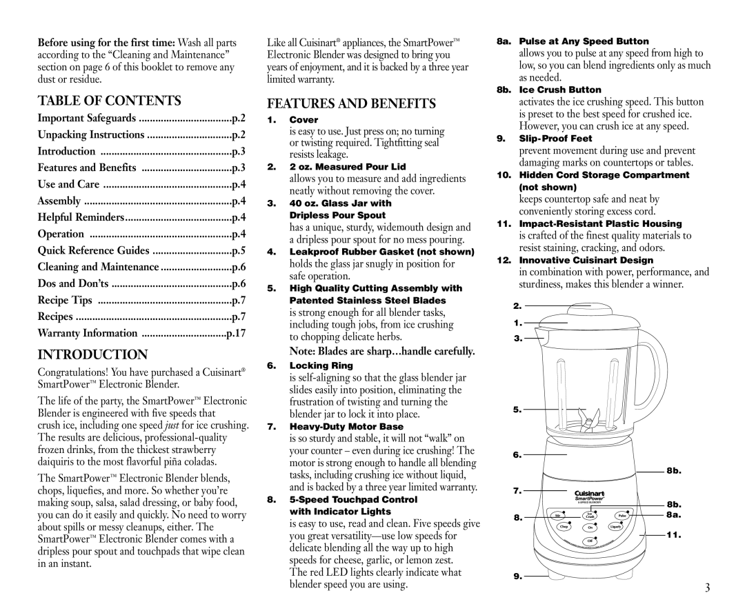 Cuisinart CB-9 manual Table of Contents, Introduction, Features and Benefits 