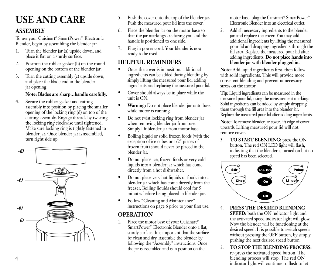 Cuisinart CB-9 manual Assembly, Helpful Reminders, Operation 