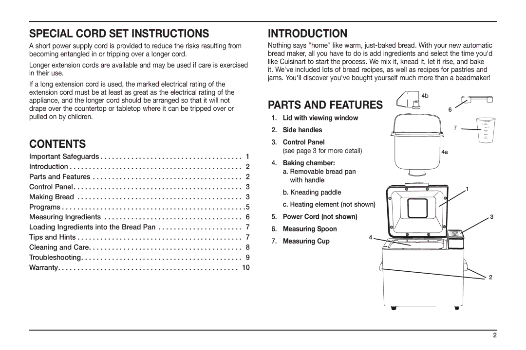 Cuisinart CBK-100A manual Special Cord Set Instructions, Introduction 