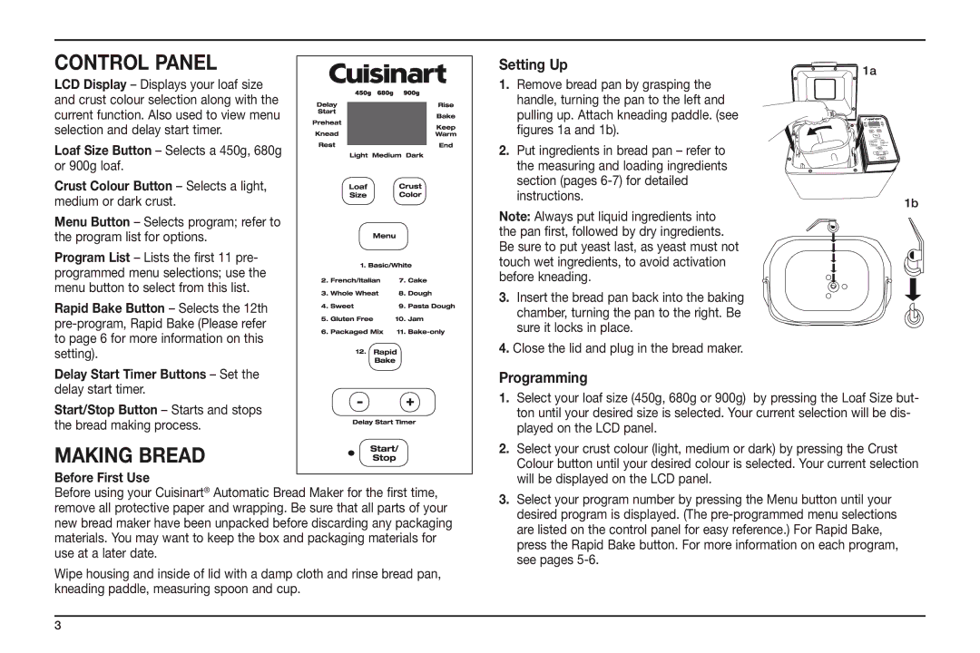 Cuisinart CBK-100A manual Control Panel, Making Bread, Setting Up, Programming 