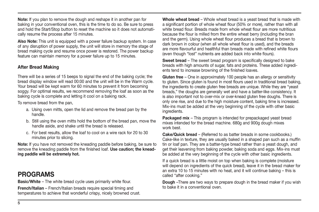 Cuisinart CBK-100A manual Programs, After Bread Making 