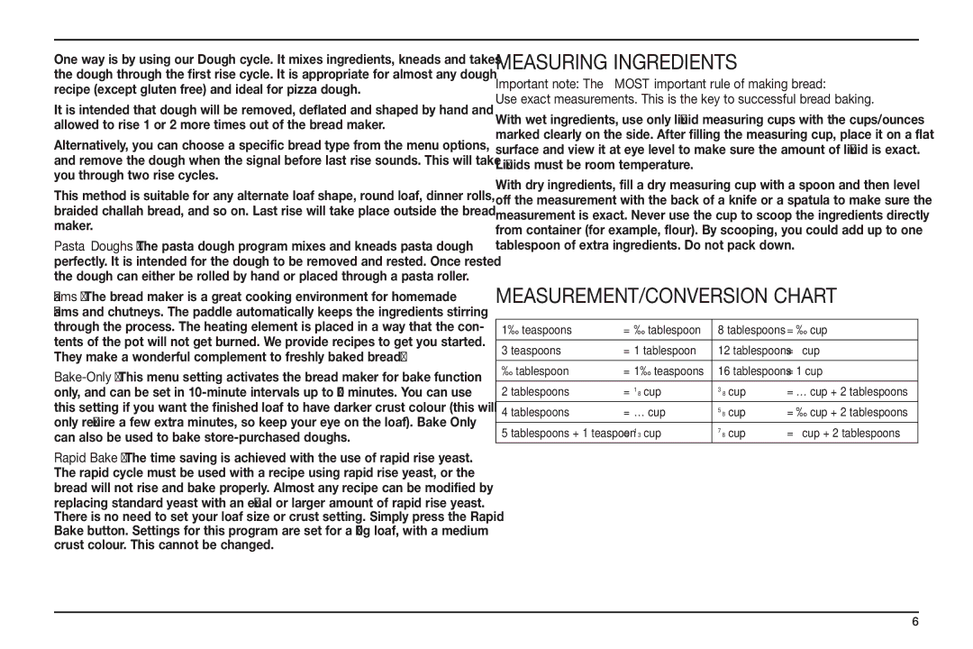 Cuisinart CBK-100A manual Measuring Ingredients, MEASUREMENT/CONVERSION Chart 