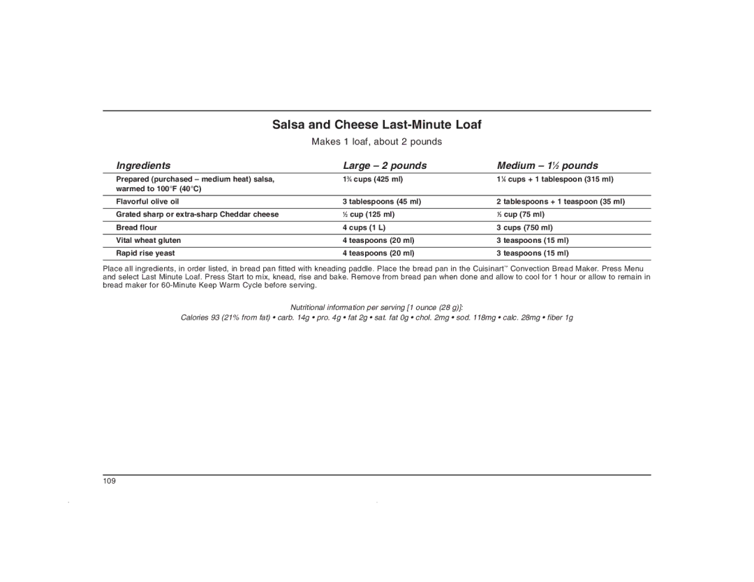 Cuisinart CBK-200C manual Salsa and Cheese Last-Minute Loaf 