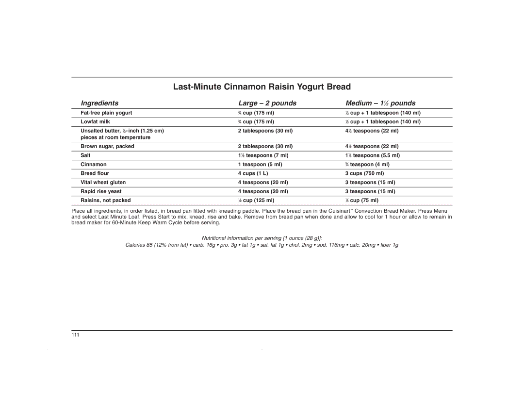 Cuisinart CBK-200C manual Last-Minute Cinnamon Raisin Yogurt Bread 