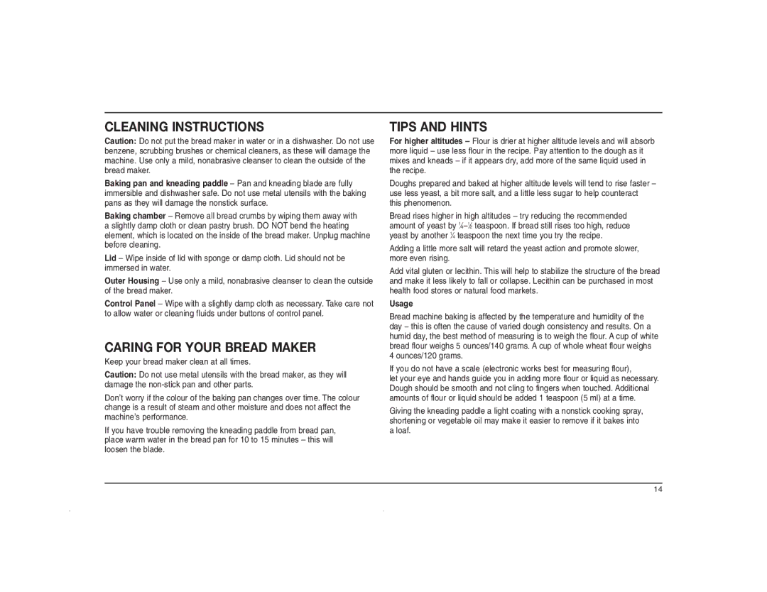 Cuisinart CBK-200C manual Cleaning Instructions, Caring for Your Bread Maker, Tips and Hints 