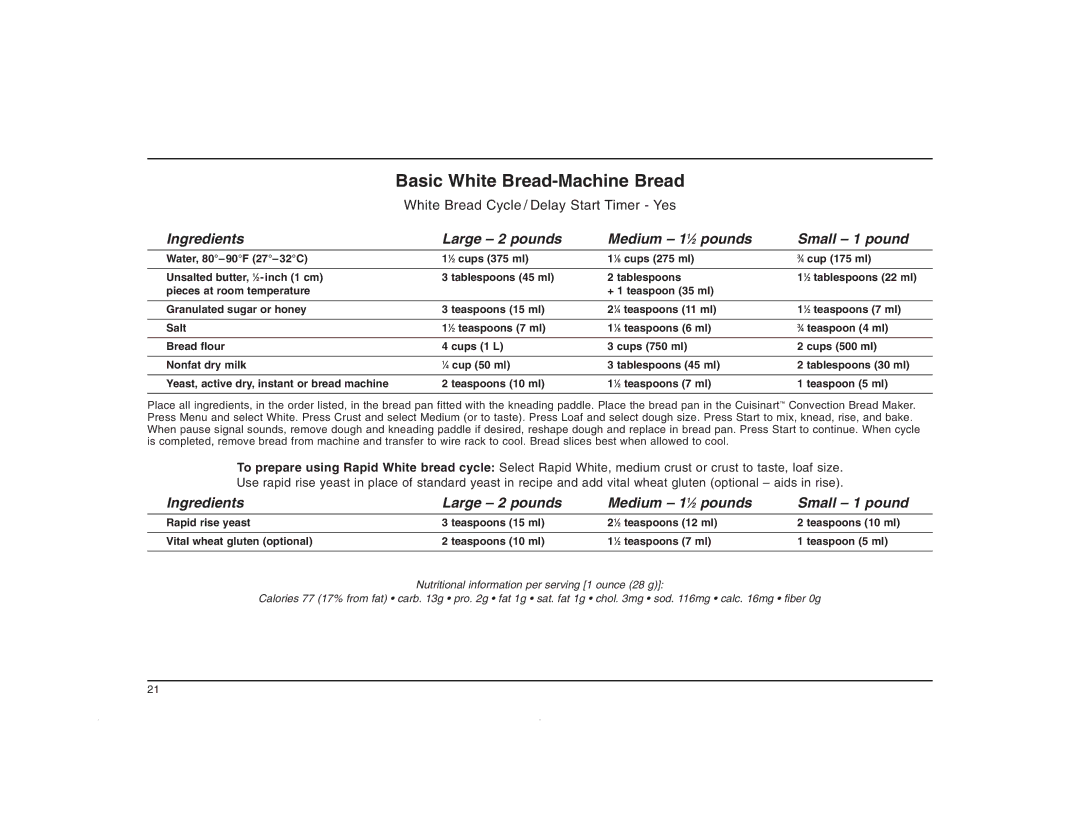 Cuisinart CBK-200C manual Basic White Bread-Machine Bread, Ingredients Large 2 pounds Medium 11⁄2 pounds Small 1 pound 