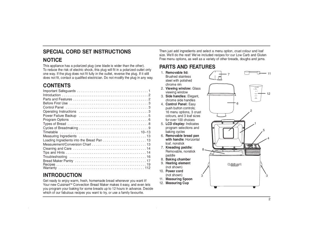 Cuisinart CBK-200C manual Special Cord SET Instructions, Parts and Features, Contents, Introduction 