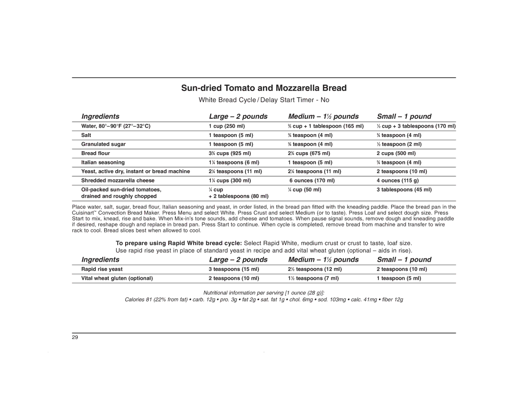 Cuisinart CBK-200C manual Sun-dried Tomato and Mozzarella Bread 