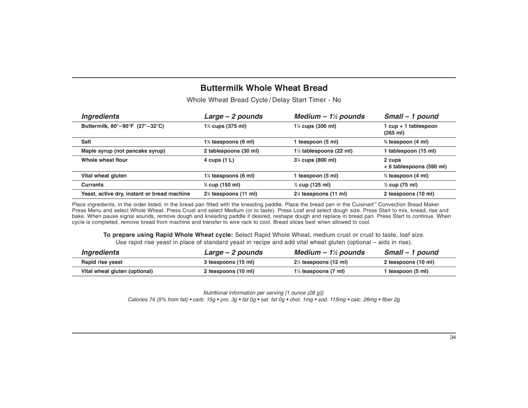 Cuisinart CBK-200C manual Buttermilk Whole Wheat Bread 