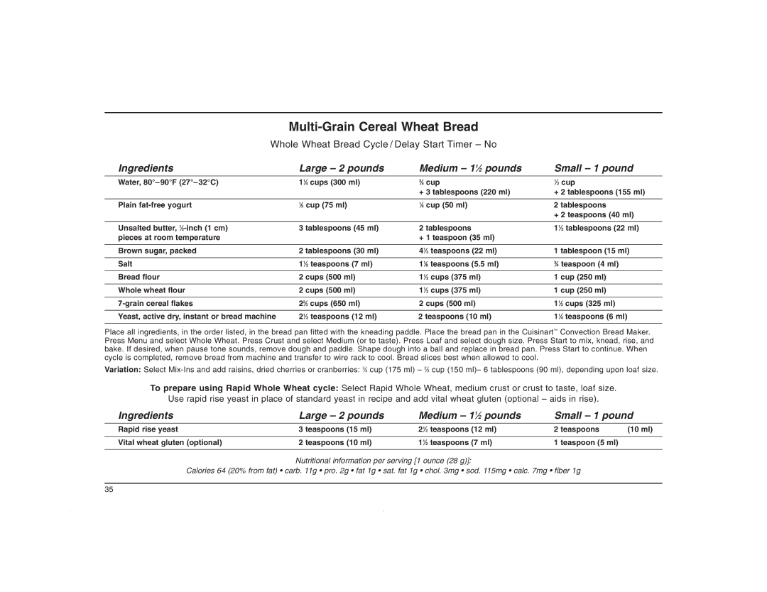 Cuisinart CBK-200C manual Multi-Grain Cereal Wheat Bread 