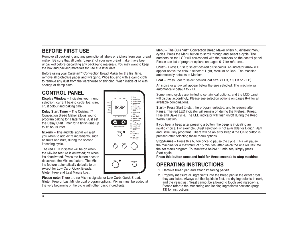 Cuisinart CBK-200C manual Before First USE, Control Panel, Operating Instructions 