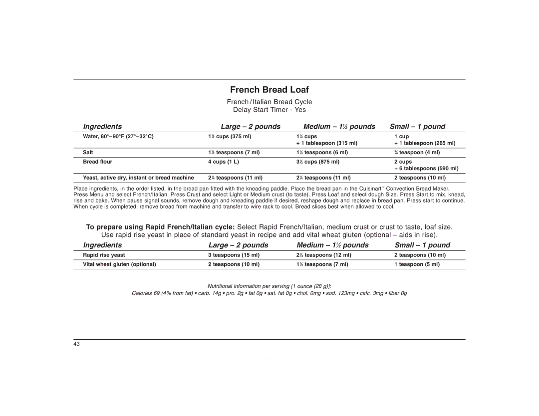 Cuisinart CBK-200C manual French Bread Loaf 