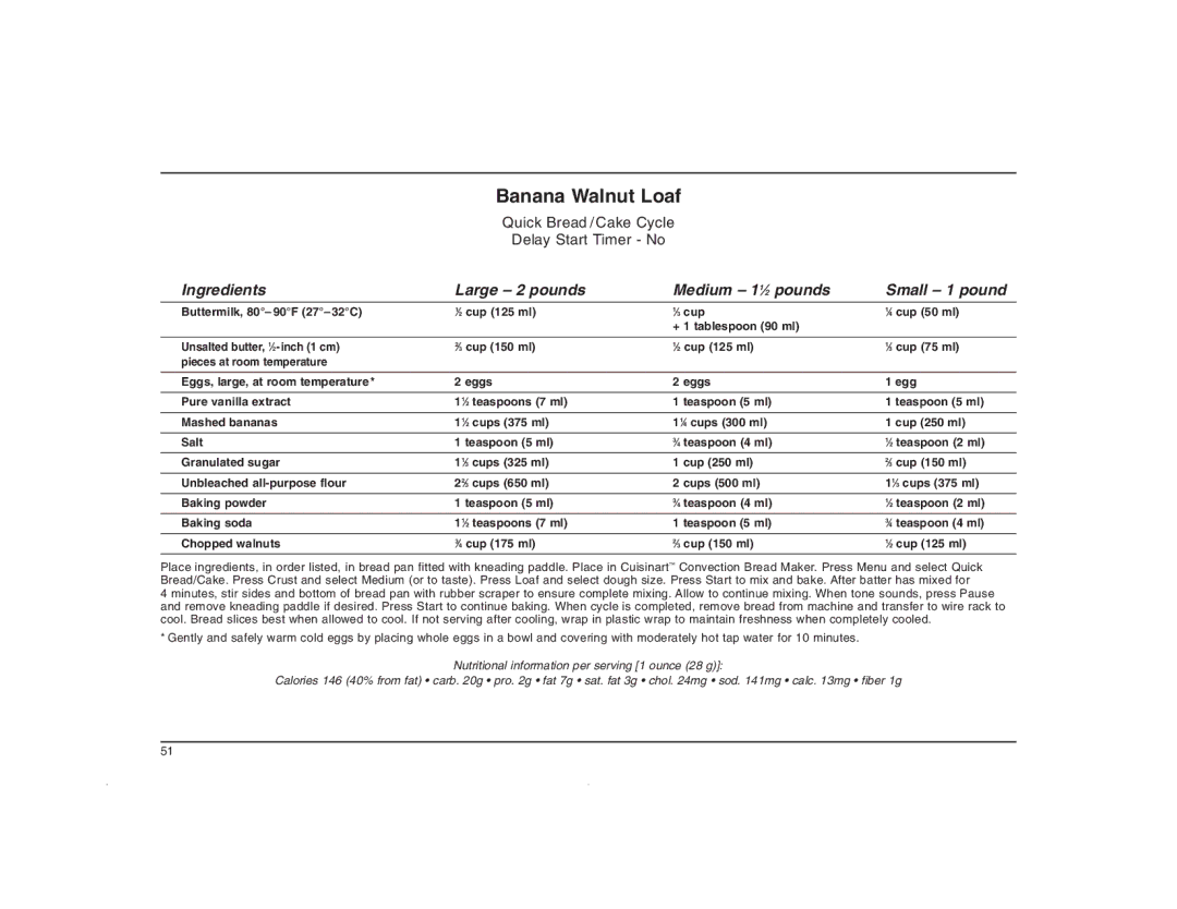 Cuisinart CBK-200C manual Banana Walnut Loaf 