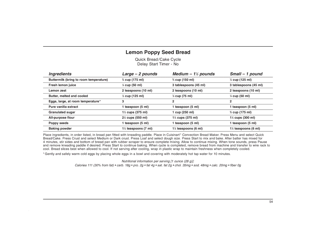 Cuisinart CBK-200C manual Lemon Poppy Seed Bread 