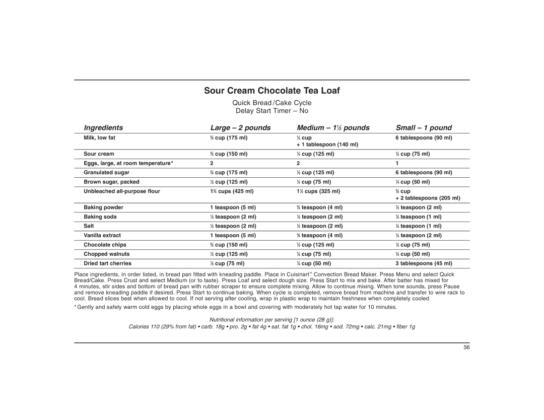 Cuisinart CBK-200C manual Sour Cream Chocolate Tea Loaf 