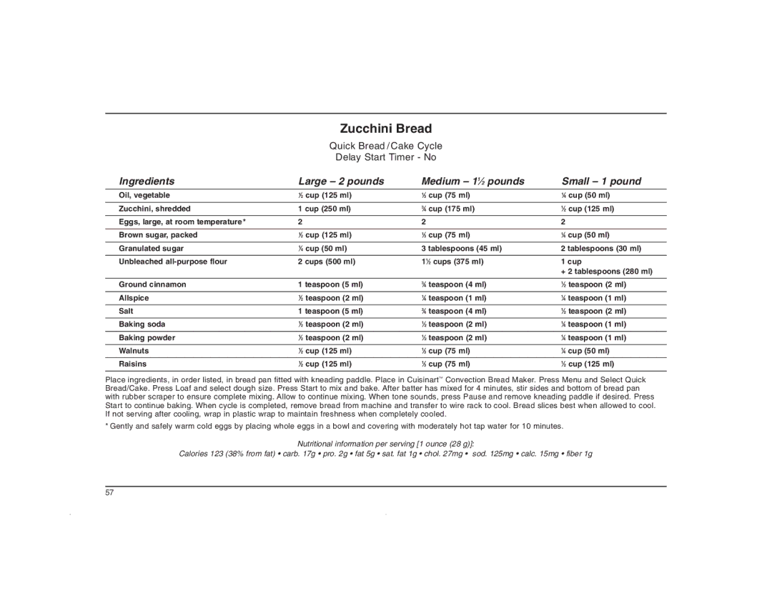 Cuisinart CBK-200C manual Zucchini Bread 