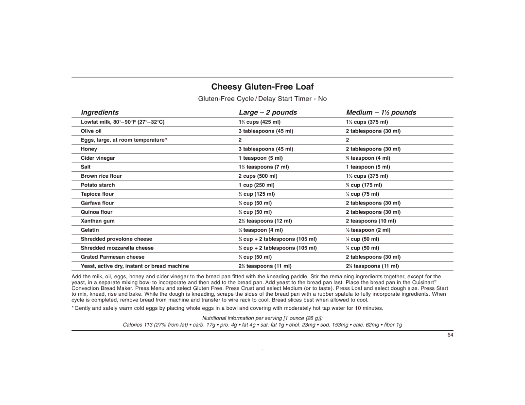 Cuisinart CBK-200C manual Cheesy Gluten-Free Loaf 