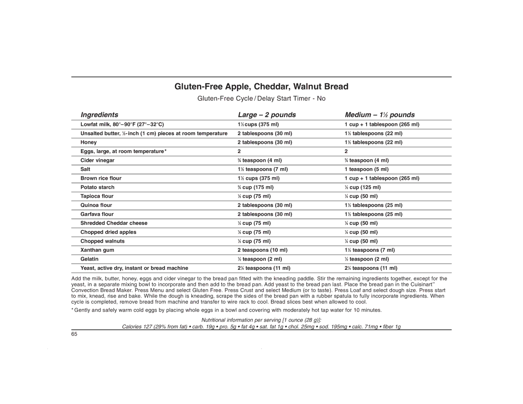 Cuisinart CBK-200C manual Gluten-Free Apple, Cheddar, Walnut Bread 