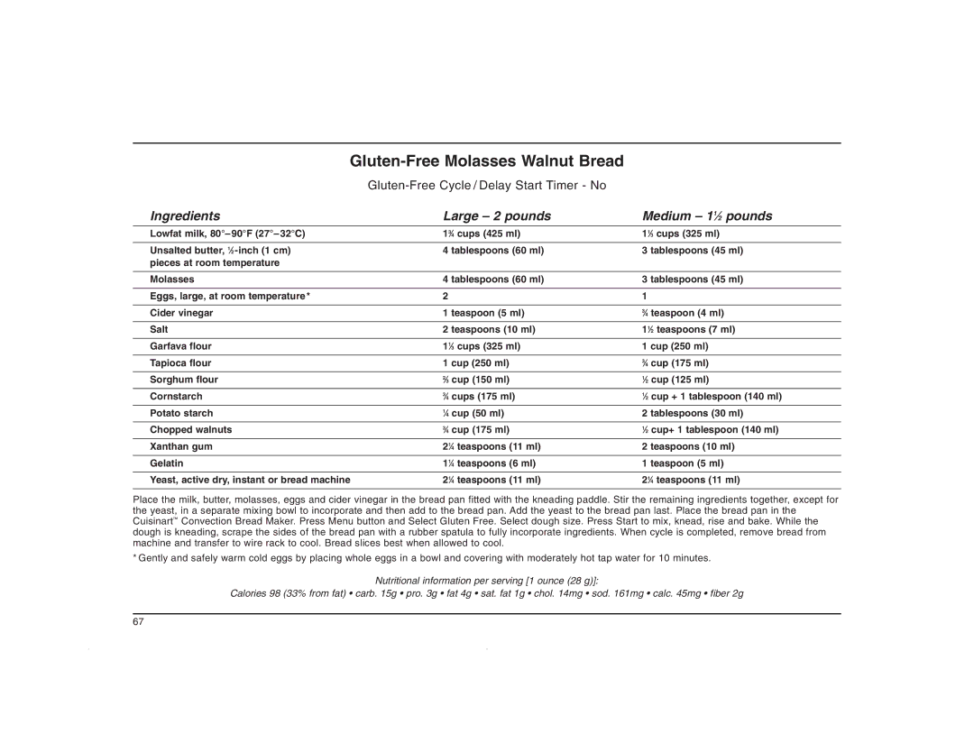 Cuisinart CBK-200C manual Gluten-Free Molasses Walnut Bread 