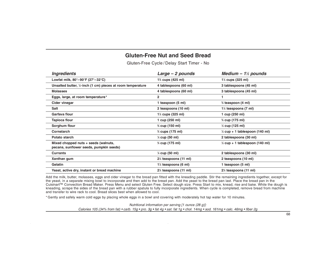 Cuisinart CBK-200C manual Gluten-Free Nut and Seed Bread 