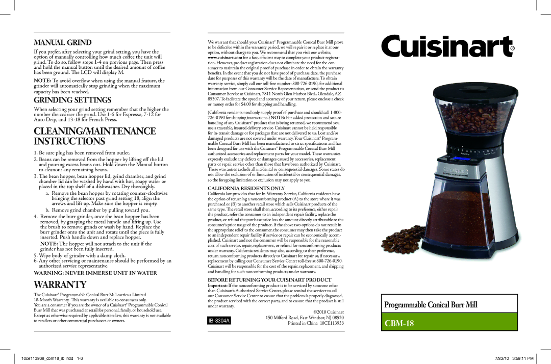 Cuisinart 10ce113938 warranty Warranty, Manual Grind, Grinding Settings, Remove grind chamber by pulling toward you 