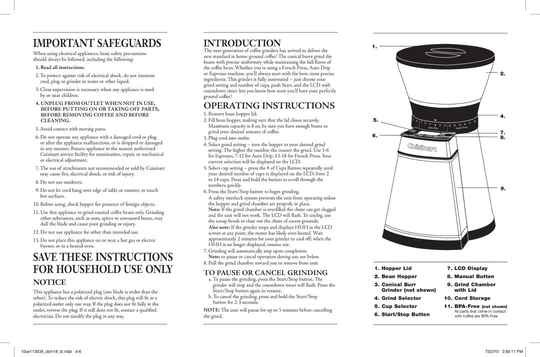 Cuisinart CBM-18, 10ce113938 warranty Introduction, Operating Instructions 