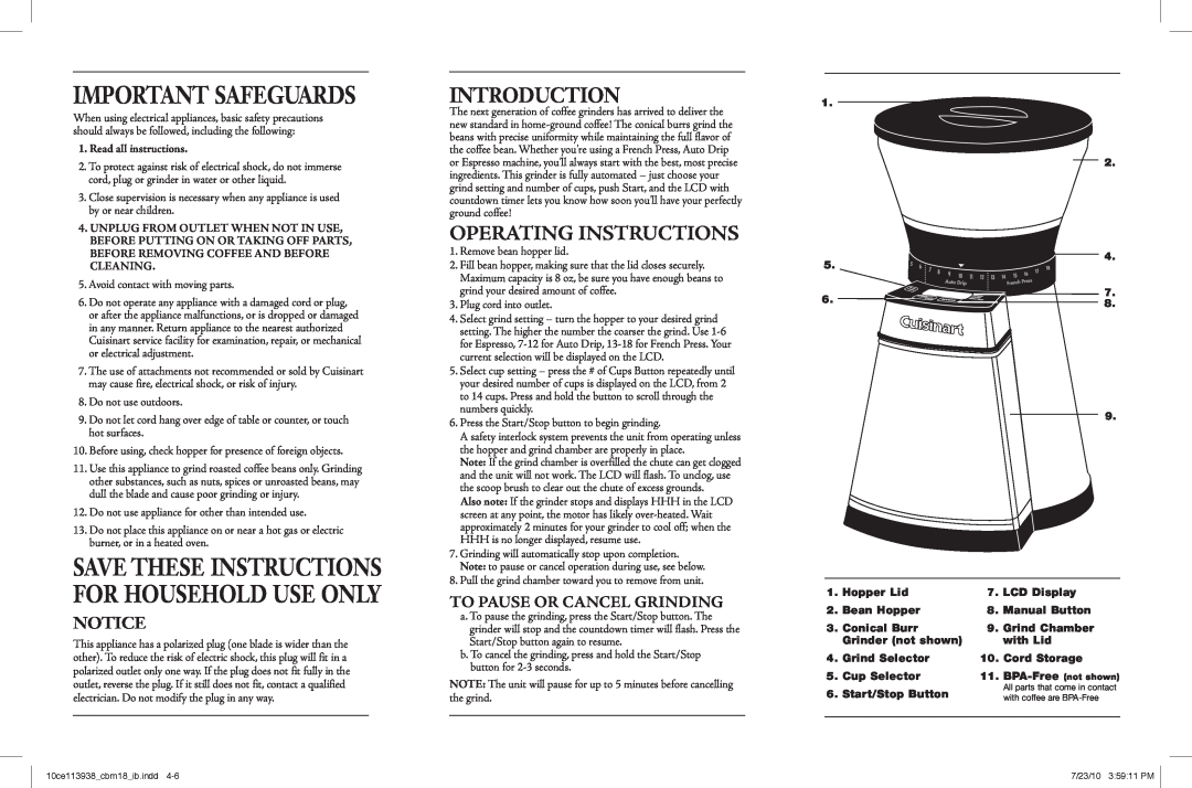 Cuisinart CBM-18, 10ce113938 Introduction, Operating Instructions, To Pause or Cancel Grinding, Read all instructions 