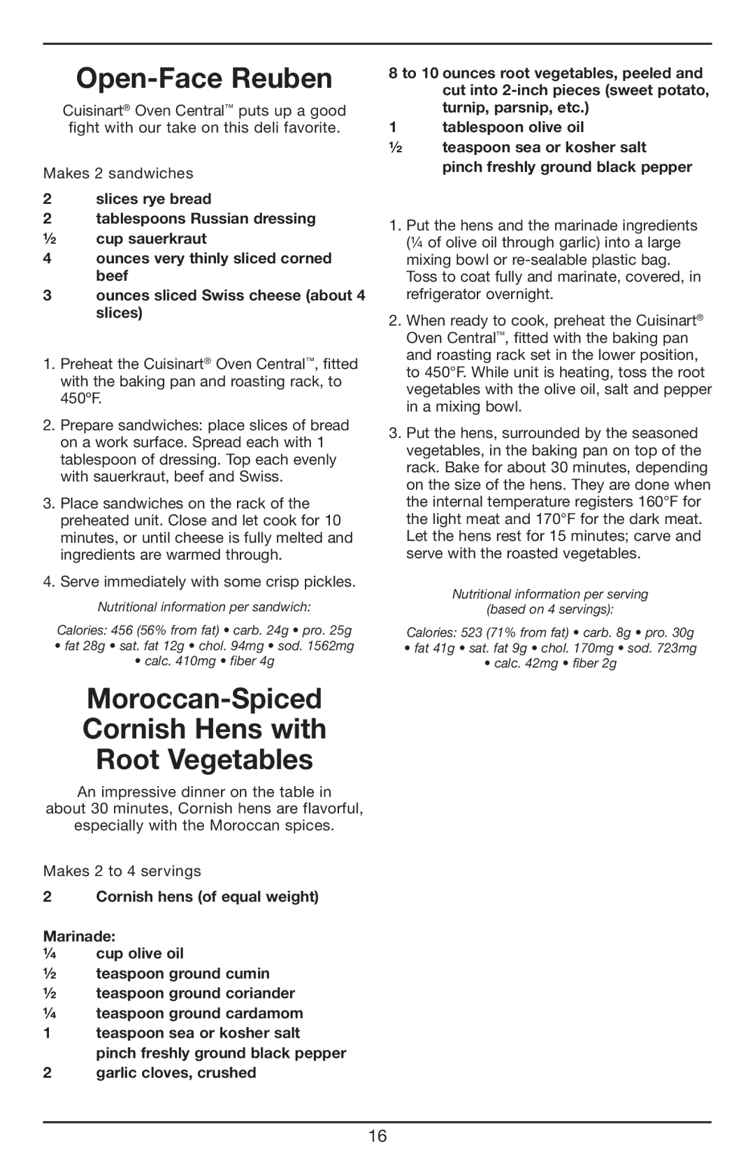 Cuisinart CBO-1000 manual Open-Face Reuben, Moroccan-Spiced Cornish Hens with Root Vegetables 