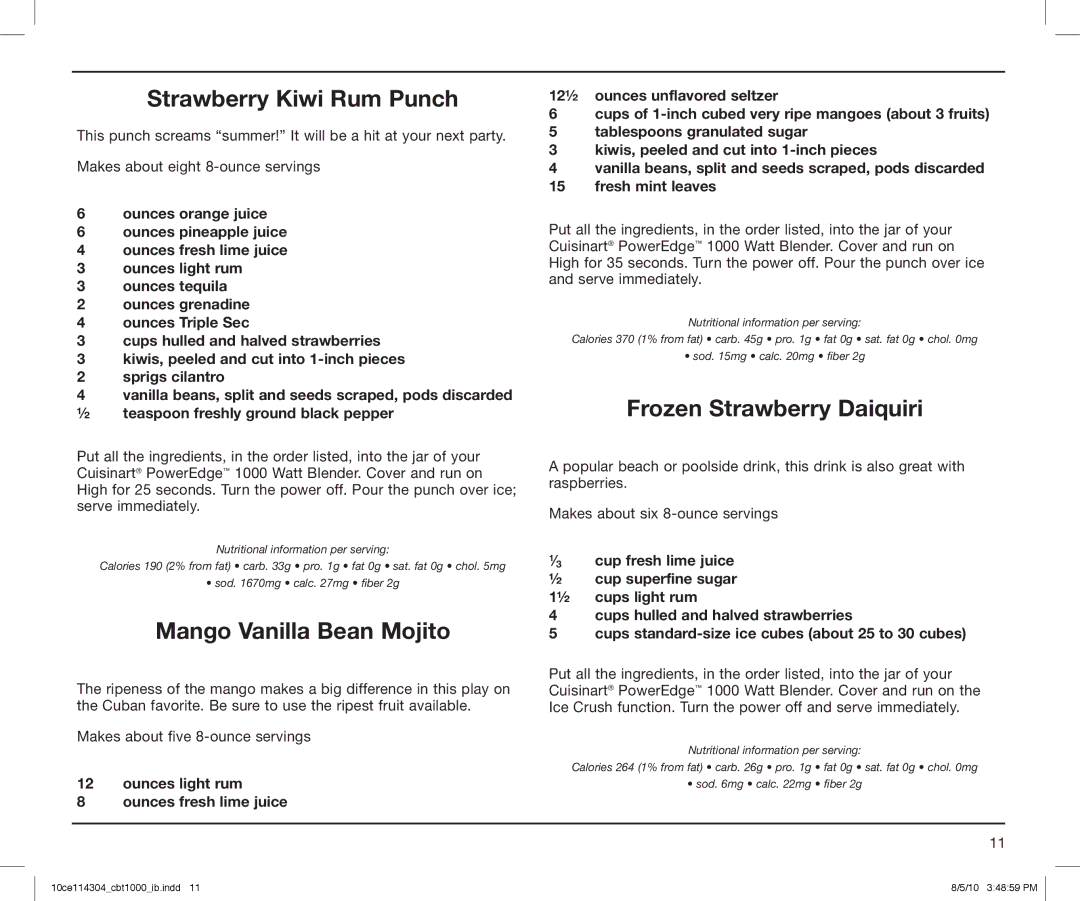 Cuisinart CBT1000, CBT-1000 Series manual Strawberry Kiwi Rum Punch, Mango Vanilla Bean Mojito, Frozen Strawberry Daiquiri 