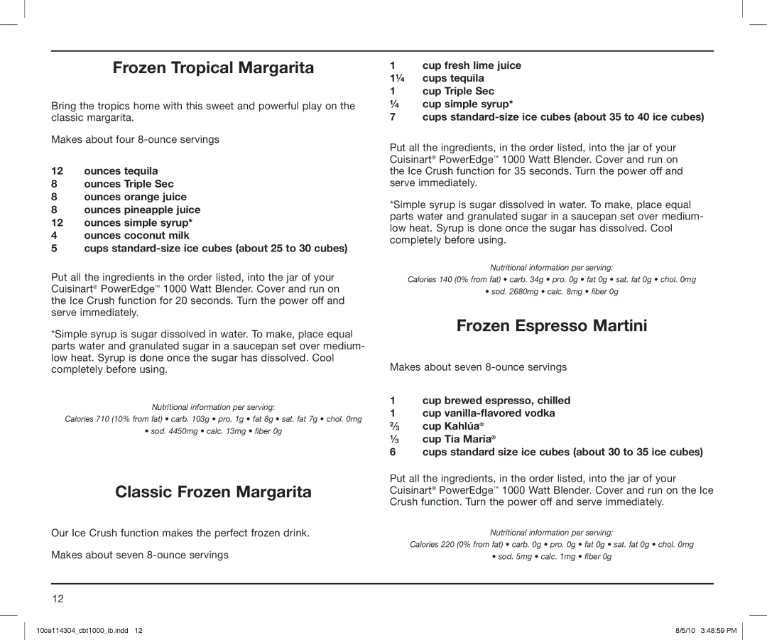 Cuisinart CBT-1000 Series, CBT1000 manual Frozen Tropical Margarita, Classic Frozen Margarita, Frozen Espresso Martini 