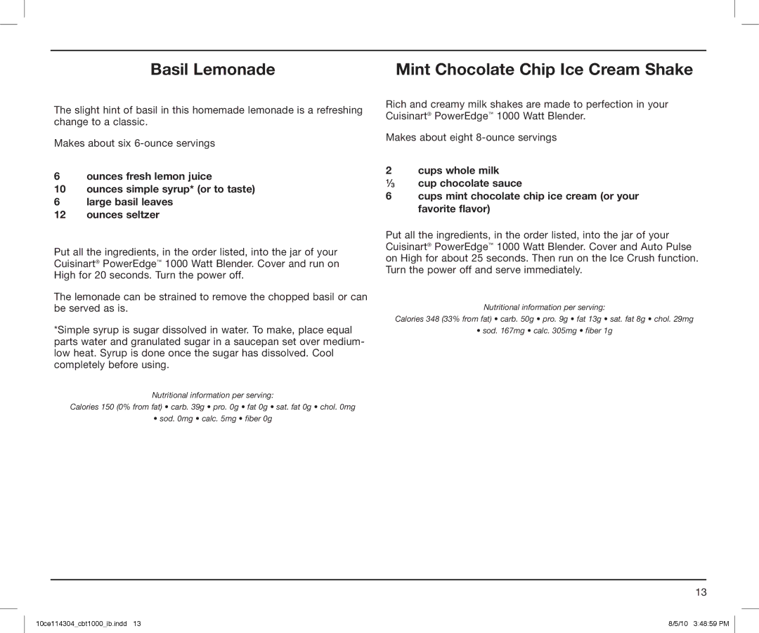 Cuisinart CBT1000, CBT-1000 Series manual Basil Lemonade, Mint Chocolate Chip Ice Cream Shake 