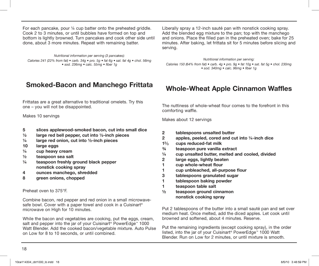 Cuisinart CBT-1000 Series, CBT1000 manual Smoked-Bacon and Manchego Frittata, Whole-Wheat Apple Cinnamon Waffles 