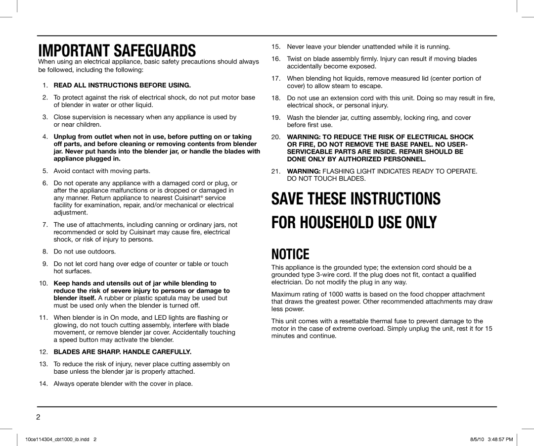 Cuisinart CBT-1000 Series, CBT1000 manual Important Safeguards 