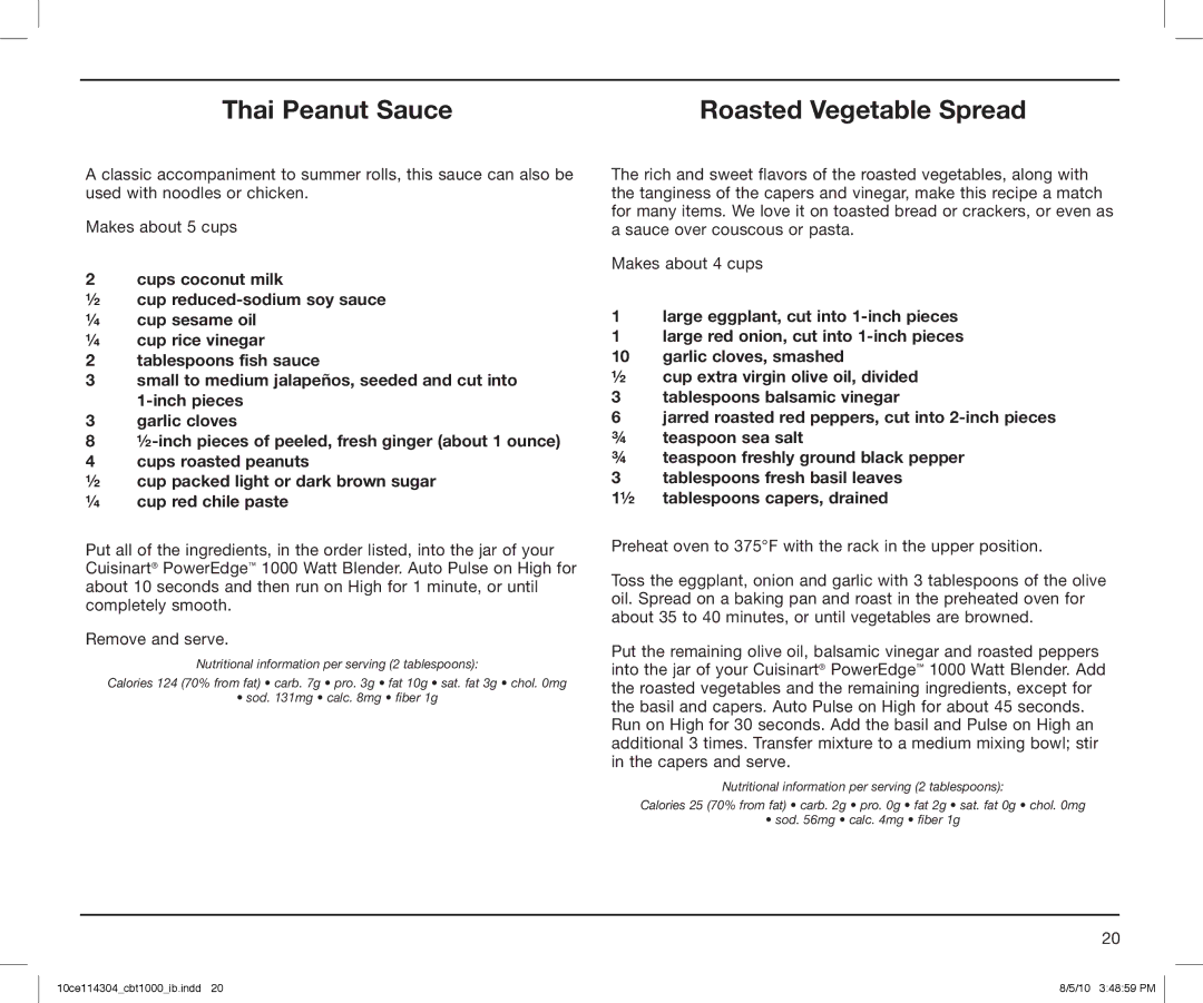 Cuisinart CBT-1000 Series, CBT1000 manual Thai Peanut Sauce, Roasted Vegetable Spread 