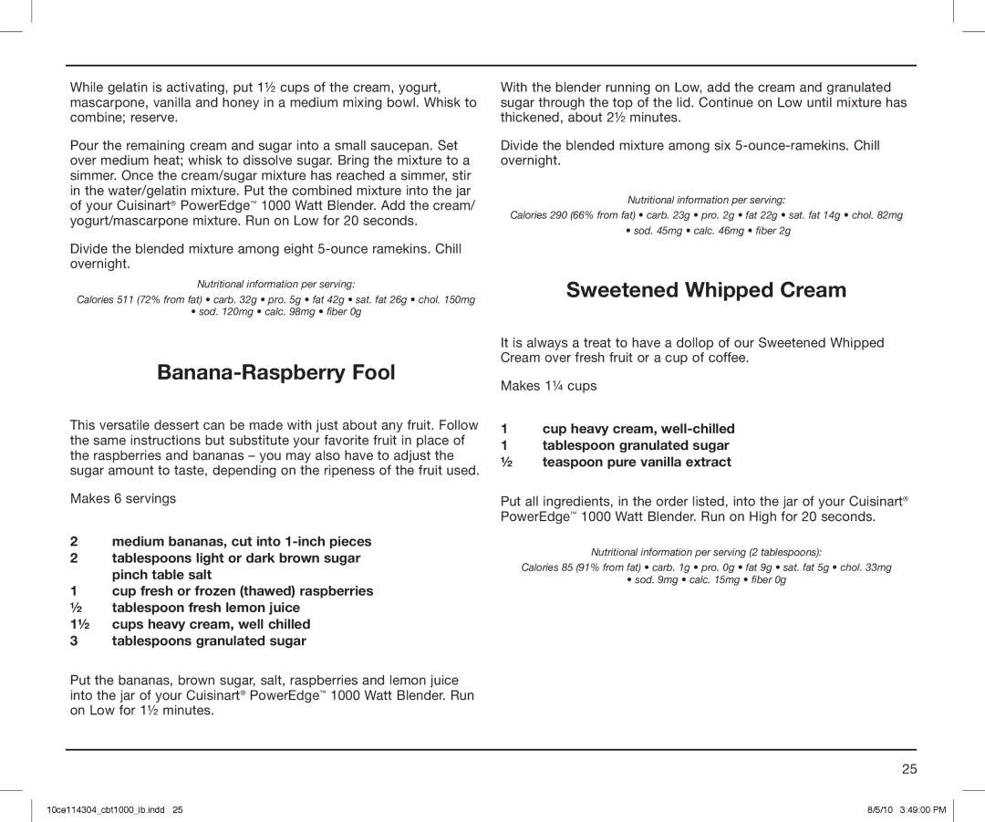 Cuisinart CBT1000, CBT-1000 Series manual Banana-Raspberry Fool, Sweetened Whipped Cream 