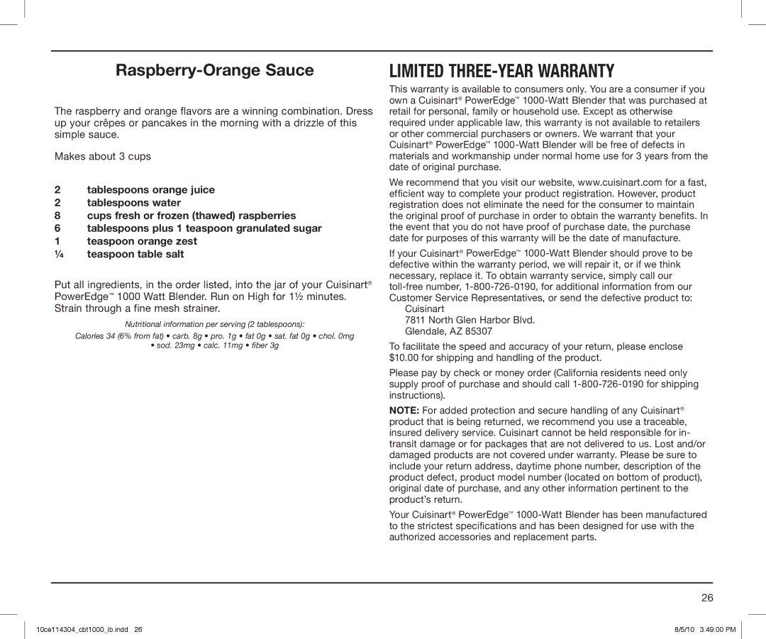 Cuisinart CBT-1000 Series, CBT1000 manual Limited THREE-YEAR Warranty, Raspberry-Orange Sauce 