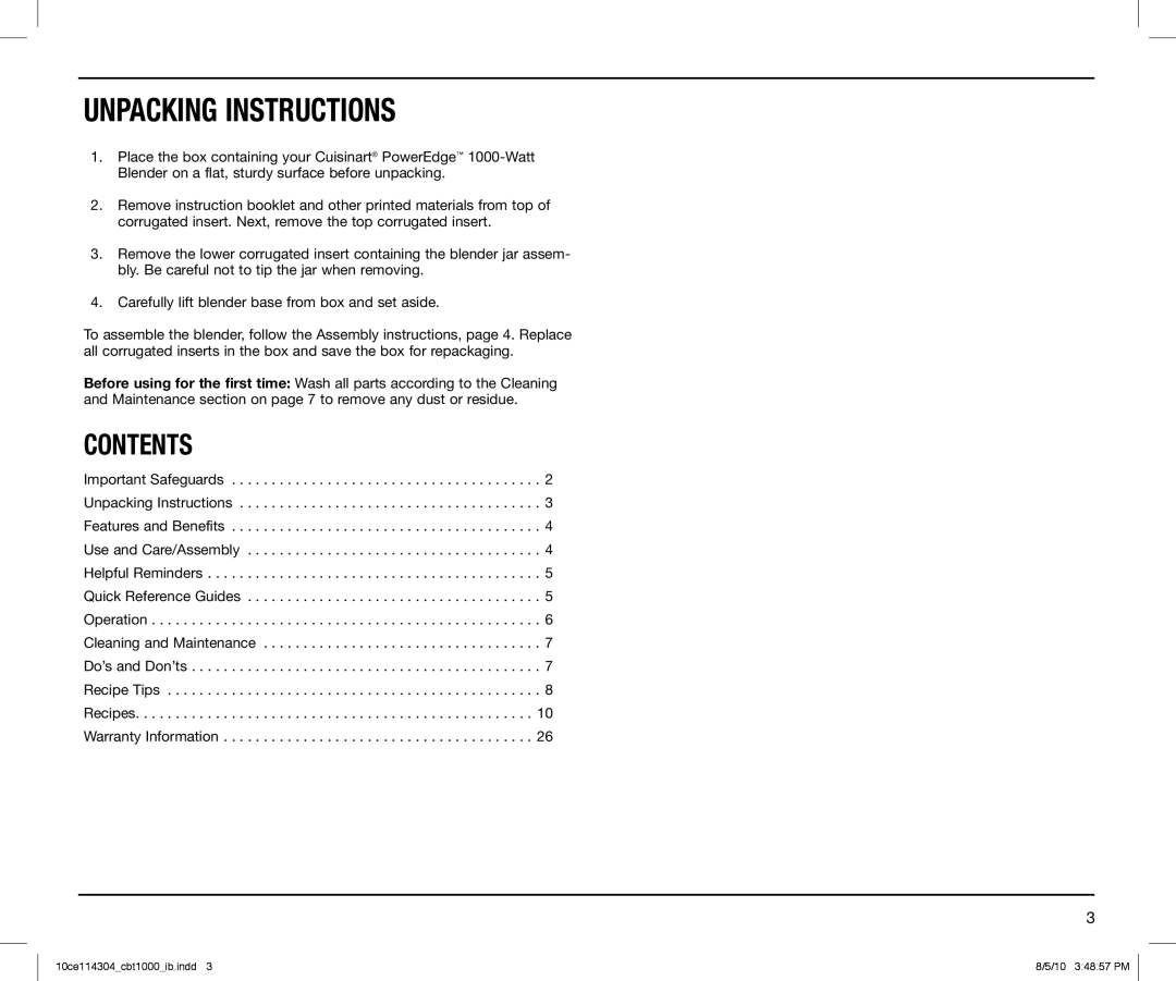 Cuisinart CBT1000, CBT-1000 Series manual Unpacking Instructions, Contents 