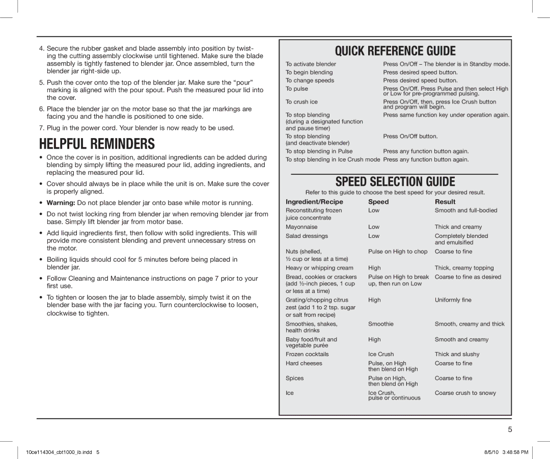 Cuisinart CBT1000, CBT-1000 Series manual Helpful reminders, Speed Selection Guide 